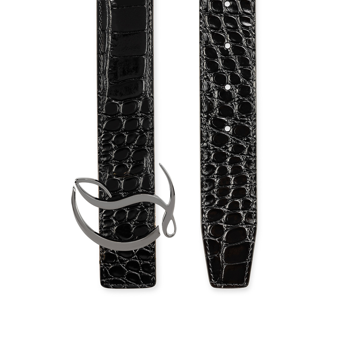 Christian Louboutin Bizbelt Logo Buckle Croc Embossed Calfskin Belt in Black/Loubi/Gun Metal