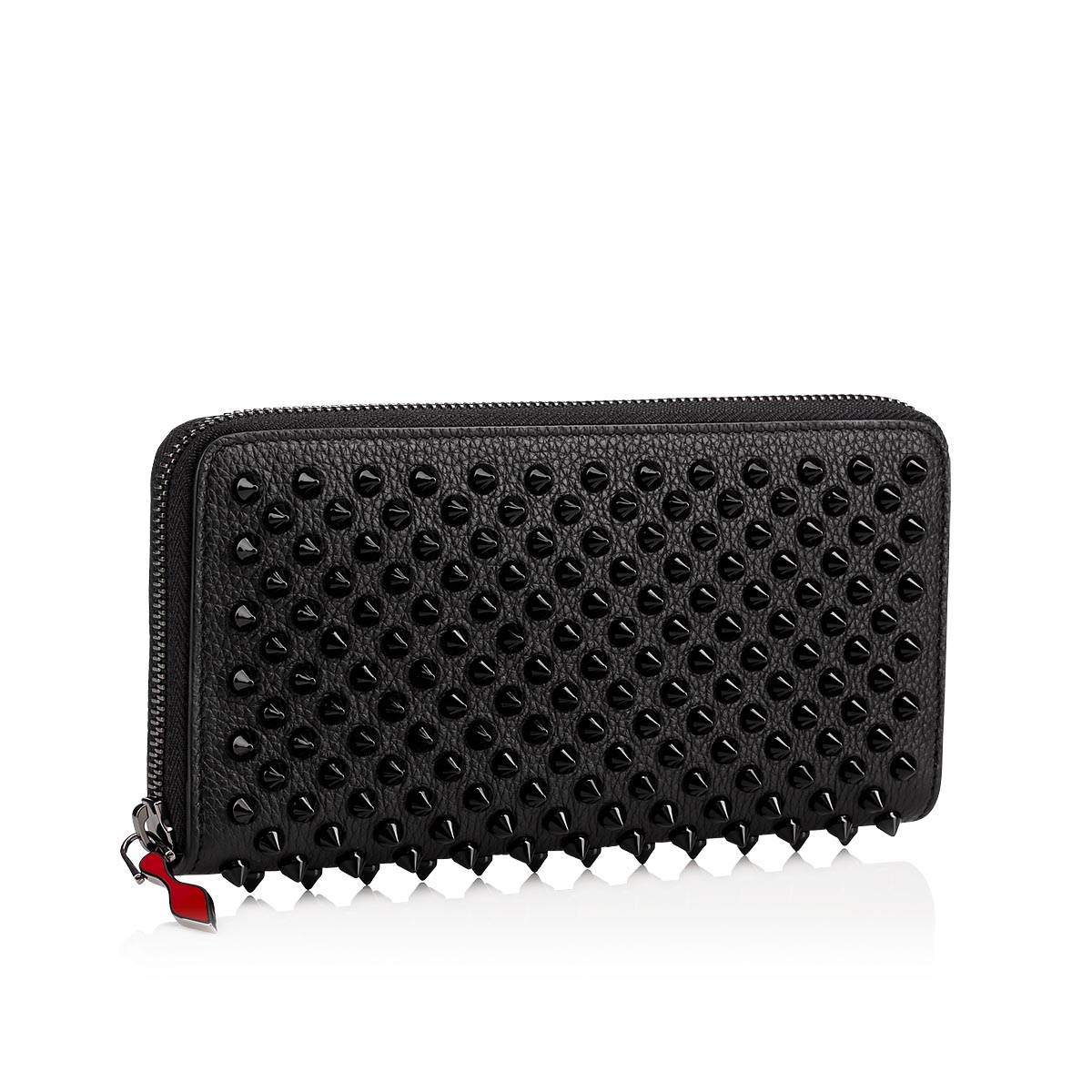 Auth Christian Louboutin Panettone Black Leather Spikes Round Zip Wallet  #9456