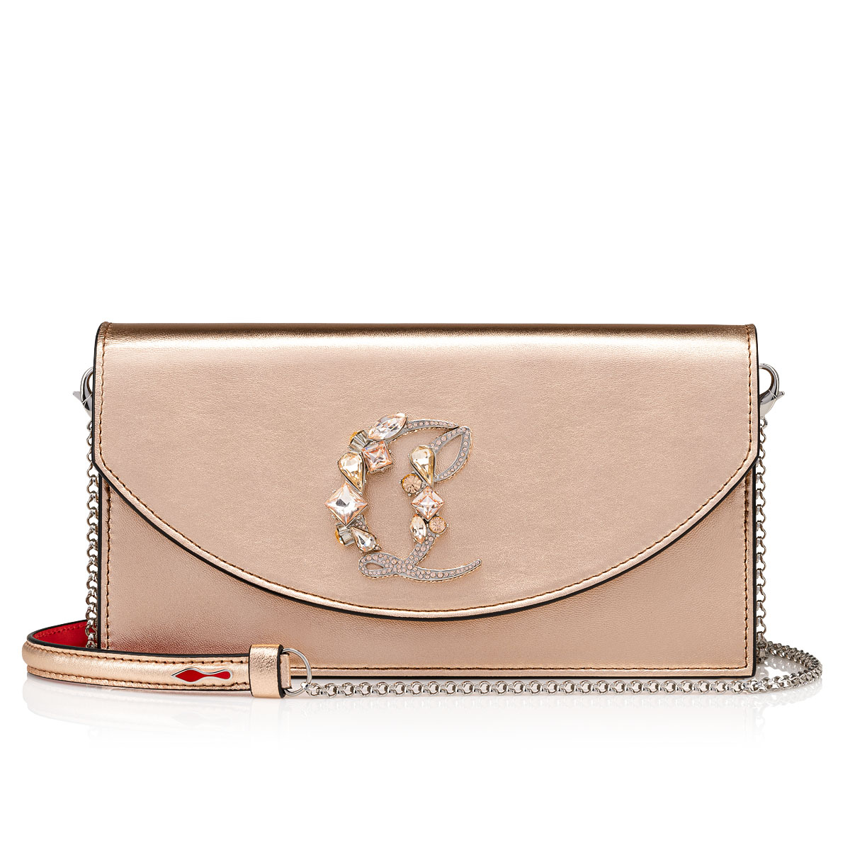 Christian Louboutin Lace Clutch with Gold Chain Strap in Nude and