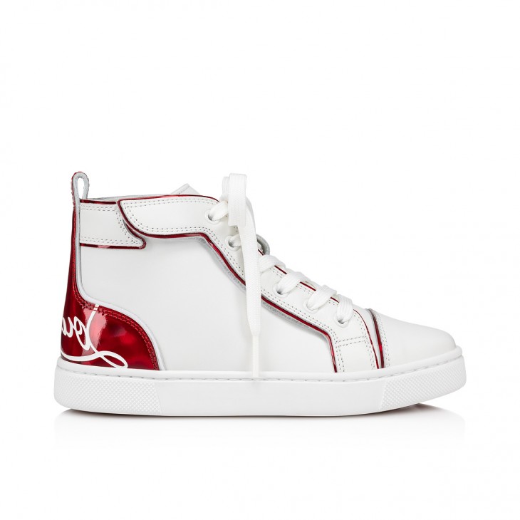 Christian Louboutin Kids' Funnyto Calfskin & Patent Leather Sneaker in Bianco/Loubi/loubi