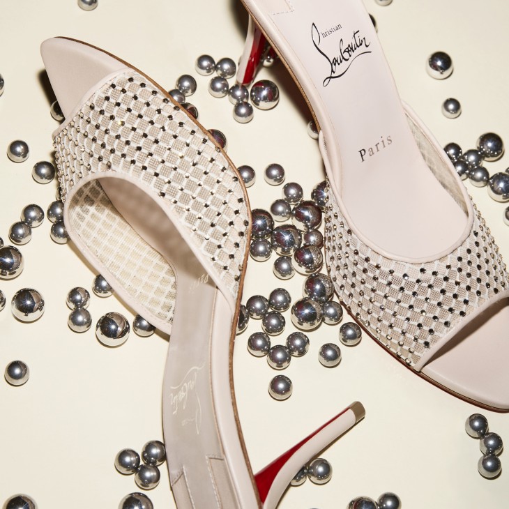 Apostropha Mule Mesh Strass - 80 mm Mules - Mesh, nappa leather and strass  - Leche - Women - Christian Louboutin United States