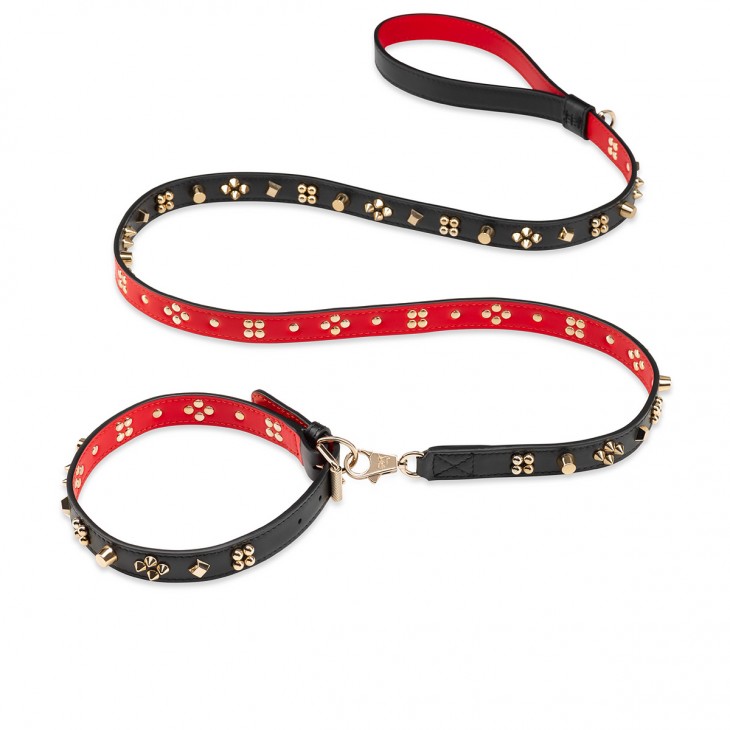Christian Louboutin Loubicollar Spikes Calfskin Leather Extra Small Dog Collar Black/ Gold