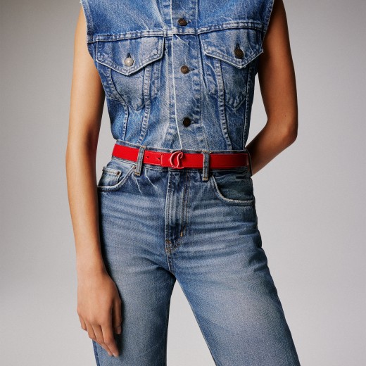 Louboutin レザーベルト 紺色 Christian Louboutin LOUBI Logo Spike Studded Leather Belt